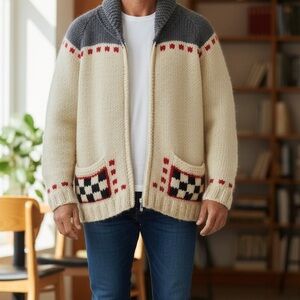 VTG Cowichan style handknit Wool Grampa Cardigan XXL Shawl collar Full zip READ